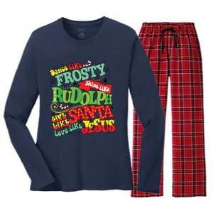 Dance Like Frosty Shine Rudolph Give Santa Love Jesus Xmas Women's Long Sleeve Flannel Pajama Set 