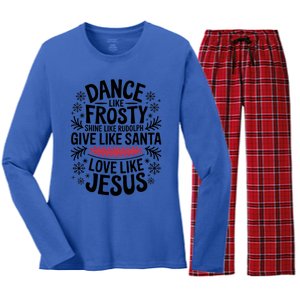 Dance Like Frosty Shine Rudolph Give Santa Love Jesus Gift Women's Long Sleeve Flannel Pajama Set 