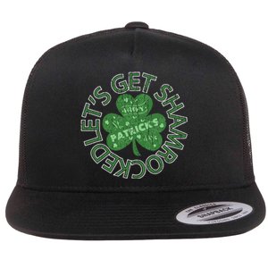 Distressed Let's Get Shamrocked Irish St Patrick Flat Bill Trucker Hat