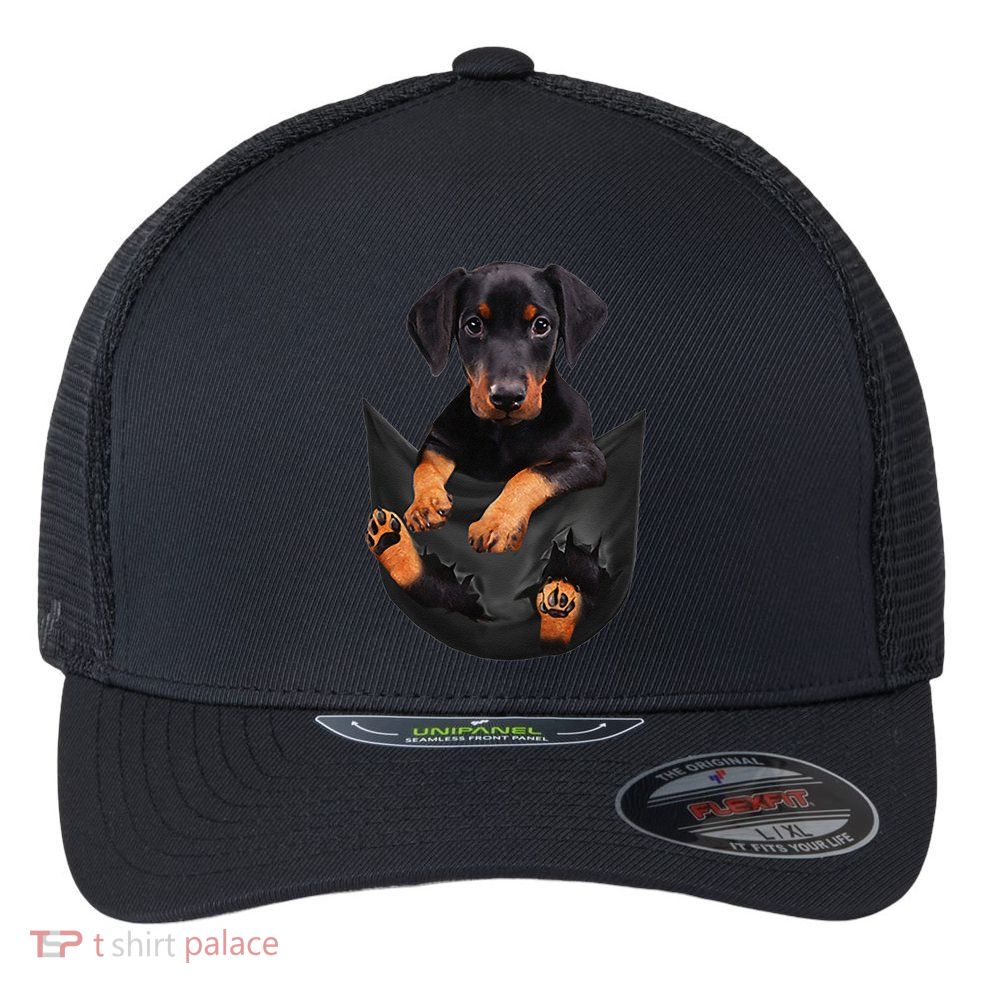 Dog Lovers Gifts Doberman In Pocket Funny Dog Face Flexfit Unipanel Trucker Cap