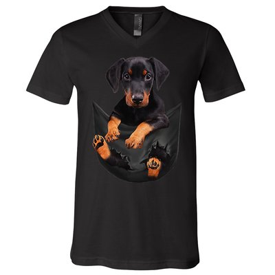 Dog Lovers Gifts Doberman In Pocket Funny Dog Face V-Neck T-Shirt