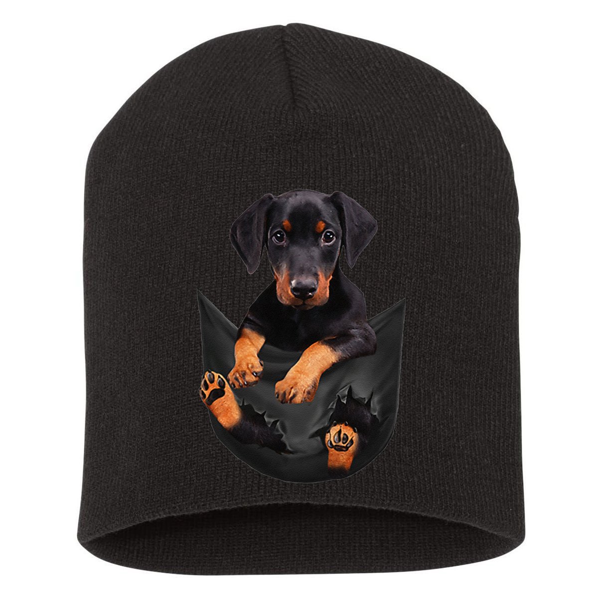 Dog Lovers Gifts Doberman In Pocket Funny Dog Face Short Acrylic Beanie