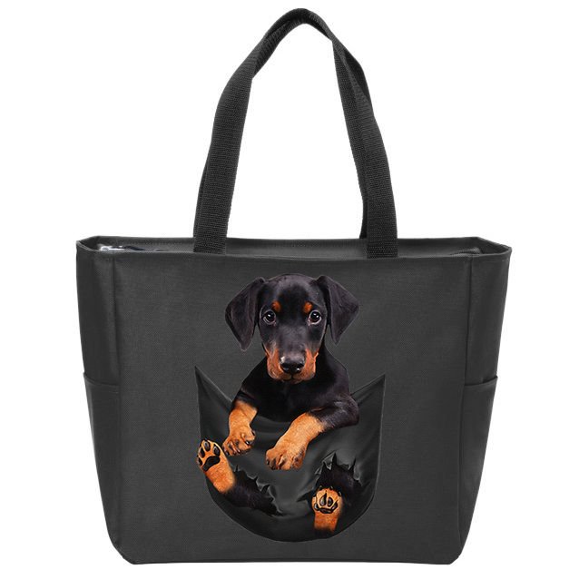 Dog Lovers Gifts Doberman In Pocket Funny Dog Face Zip Tote Bag