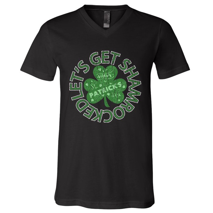 Distressed Let's Get Shamrocked Irish St Patrick V-Neck T-Shirt