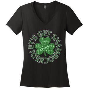 Distressed Let's Get Shamrocked Irish St Patrick Women's V-Neck T-Shirt