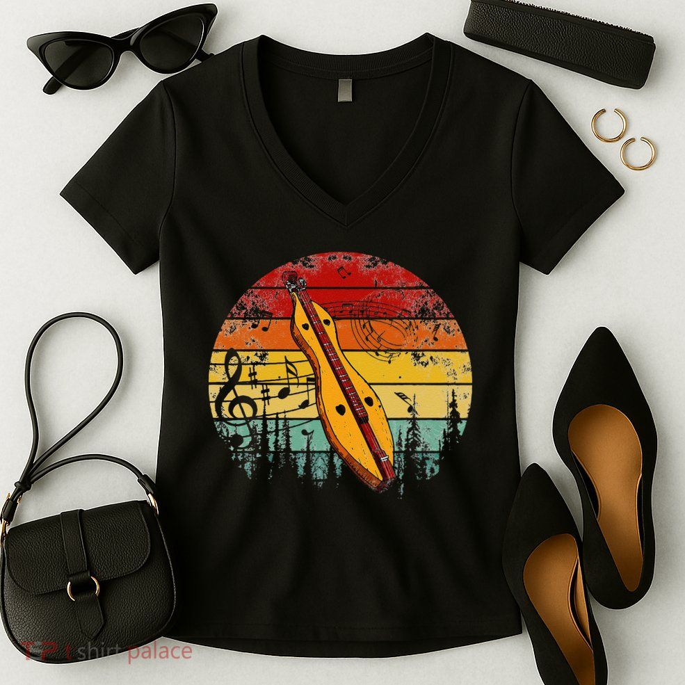 Dulcimer Lovers Guitar Retro Design Dulcimer Funny Women's V-Neck T-Shirt
