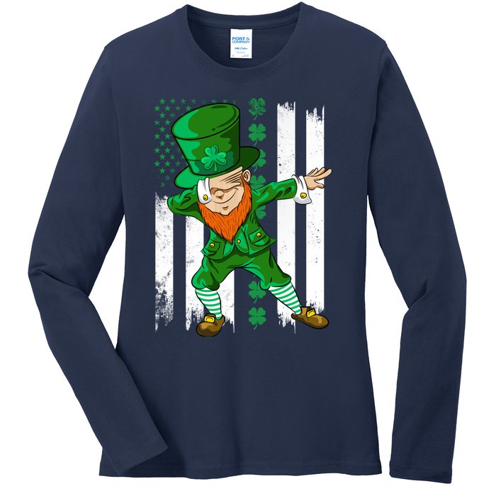 Dabbing Leprechaun Irish American Flag St Patricks Day Boy Ladies Long Sleeve Shirt