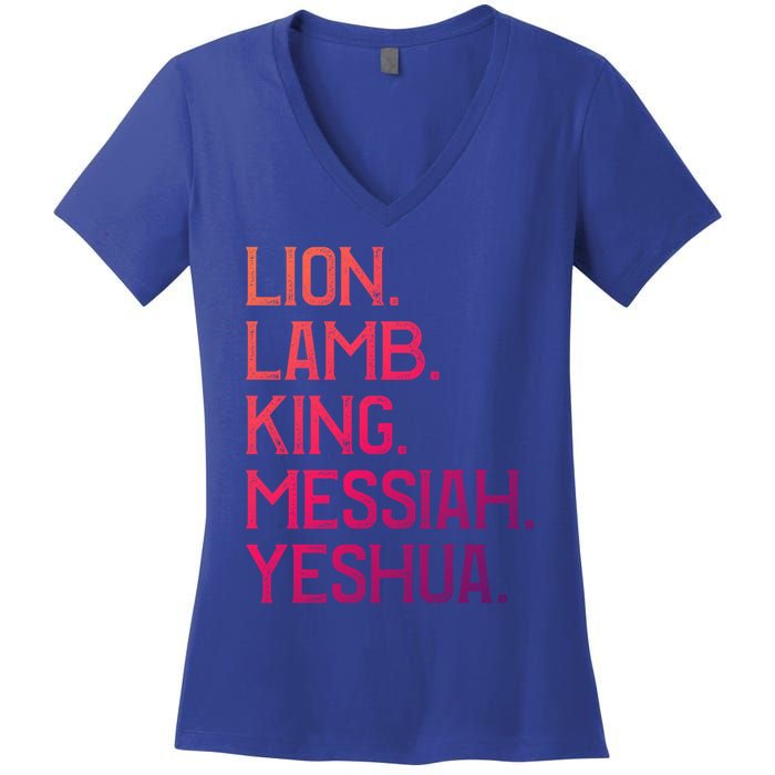 Distressed Lion Lamb King Messiah Yeshua Christian Bible Gift Women's V-Neck T-Shirt