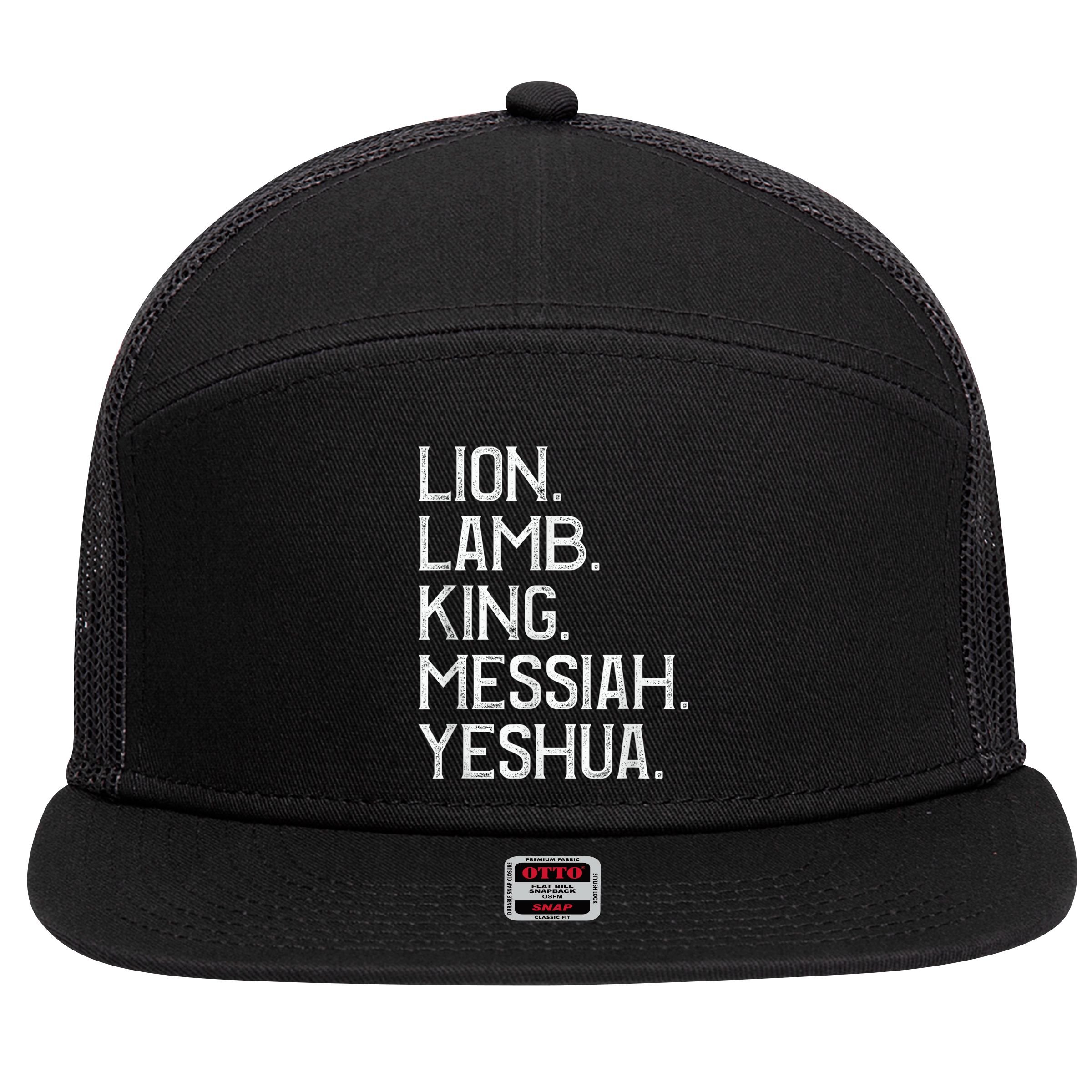 Distressed Lion Lamb King Messiah Yeshua Christian Bible 7 Panel Mesh Trucker Snapback Hat