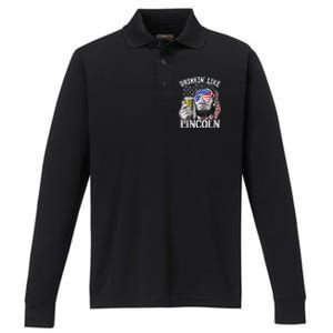 Drinking Like Lincoln 4th Of July Men Abraham Merica Flag Performance Long Sleeve Polo