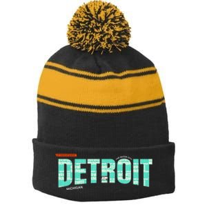 Detroit Latitude Longitude Stripe Pom Pom Beanie