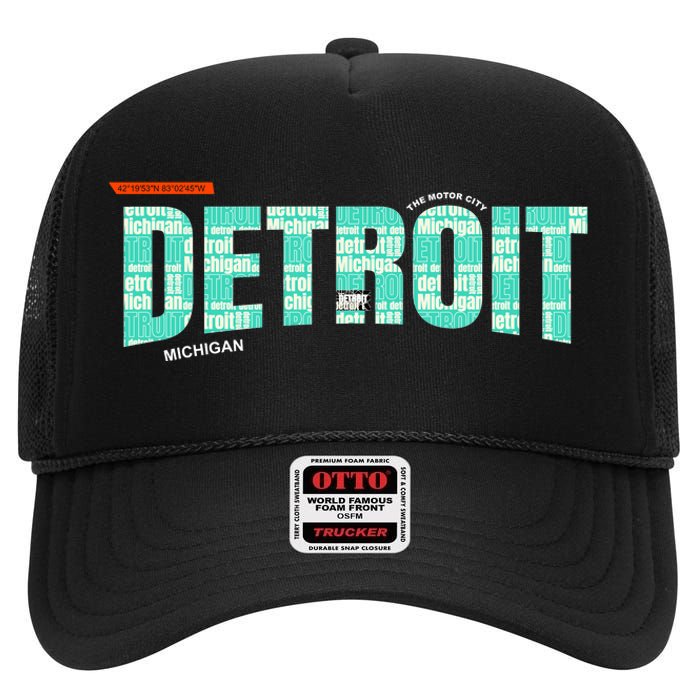 Detroit Latitude Longitude High Crown Mesh Back Trucker Hat