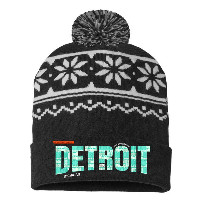 Detroit Latitude Longitude USA-Made Snowflake Beanie