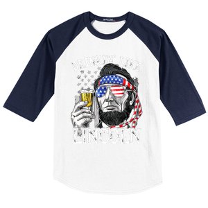 Drinking Like Lincoln 4th Of July Men Abraham Merica Flag Baseball Sleeve Shirt