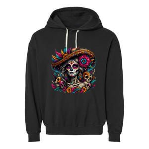 De Los Muertos La Catrina Day Of The Dead Sugar Skull Garment-Dyed Fleece Hoodie