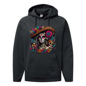 De Los Muertos La Catrina Day Of The Dead Sugar Skull Performance Fleece Hoodie