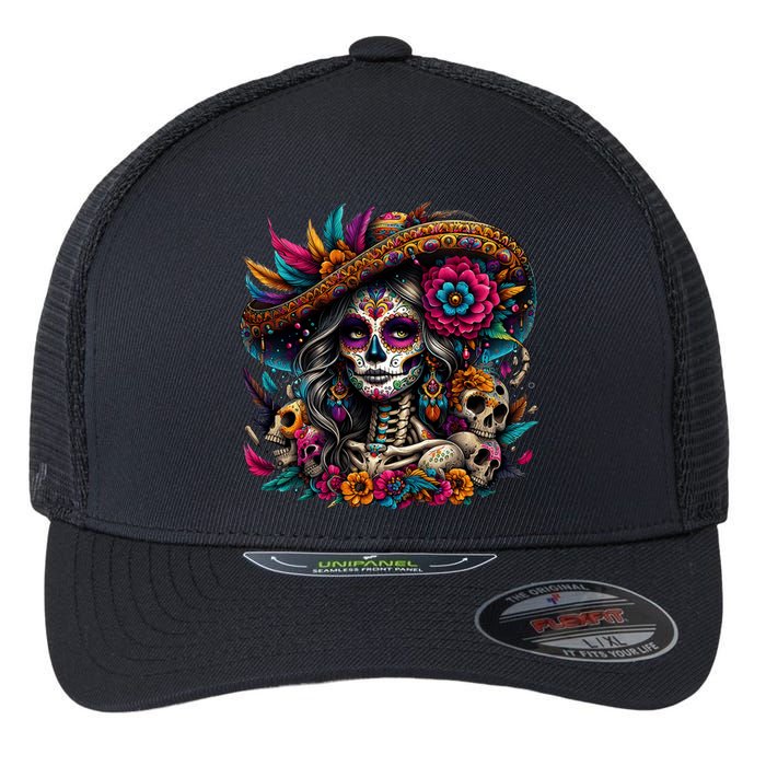 De Los Muertos La Catrina Day Of The Dead Sugar Skull Flexfit Unipanel Trucker Cap