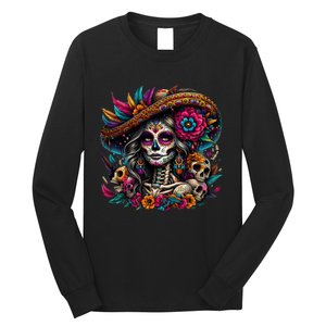 De Los Muertos La Catrina Day Of The Dead Sugar Skull Long Sleeve Shirt