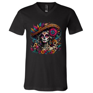 De Los Muertos La Catrina Day Of The Dead Sugar Skull V-Neck T-Shirt