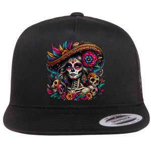 De Los Muertos La Catrina Day Of The Dead Sugar Skull Flat Bill Trucker Hat