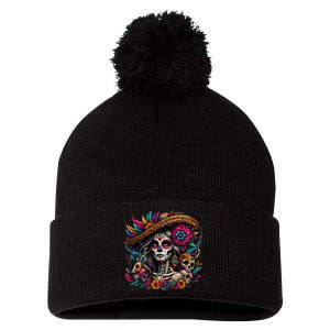 De Los Muertos La Catrina Day Of The Dead Sugar Skull Pom Pom 12in Knit Beanie