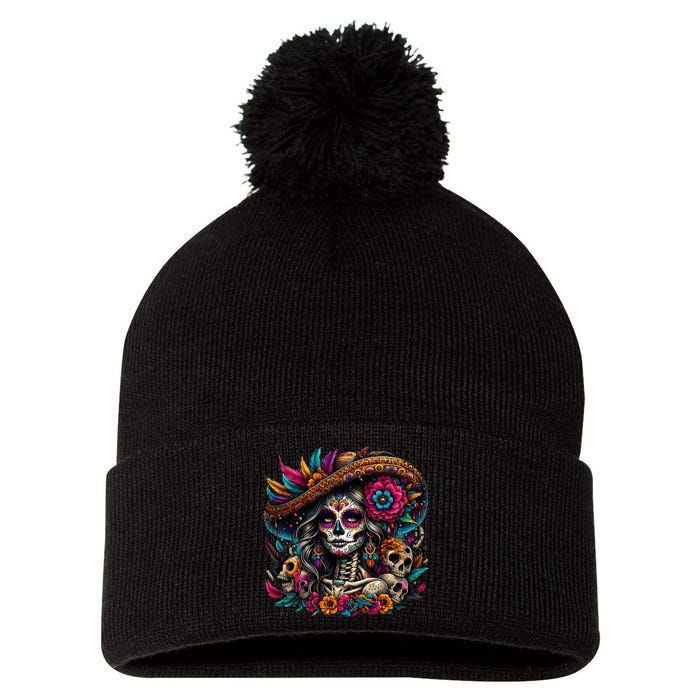 De Los Muertos La Catrina Day Of The Dead Sugar Skull Pom Pom 12in Knit Beanie