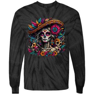 De Los Muertos La Catrina Day Of The Dead Sugar Skull Tie-Dye Long Sleeve Shirt