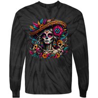 De Los Muertos La Catrina Day Of The Dead Sugar Skull Tie-Dye Long Sleeve Shirt