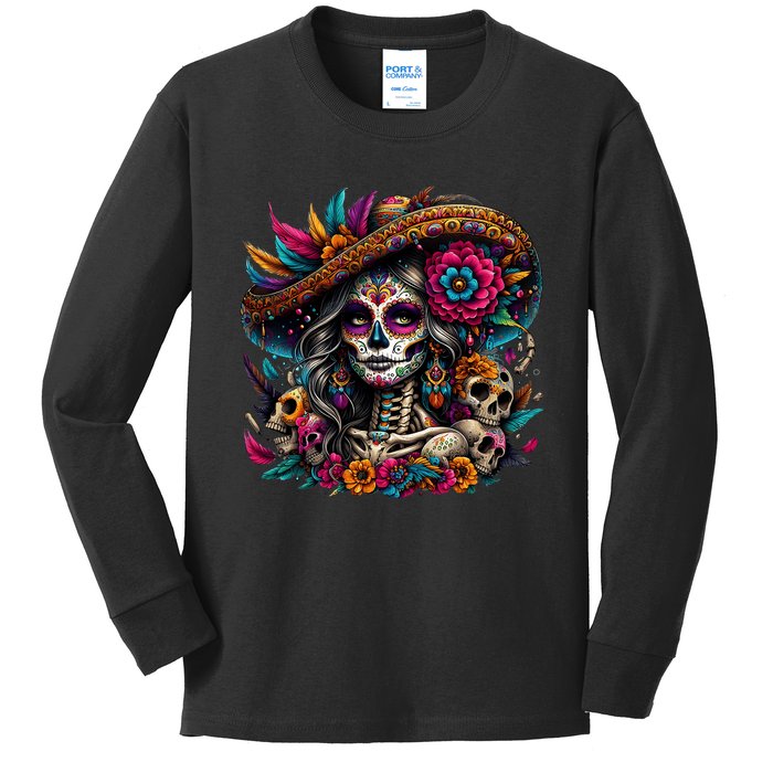 De Los Muertos La Catrina Day Of The Dead Sugar Skull Kids Long Sleeve Shirt