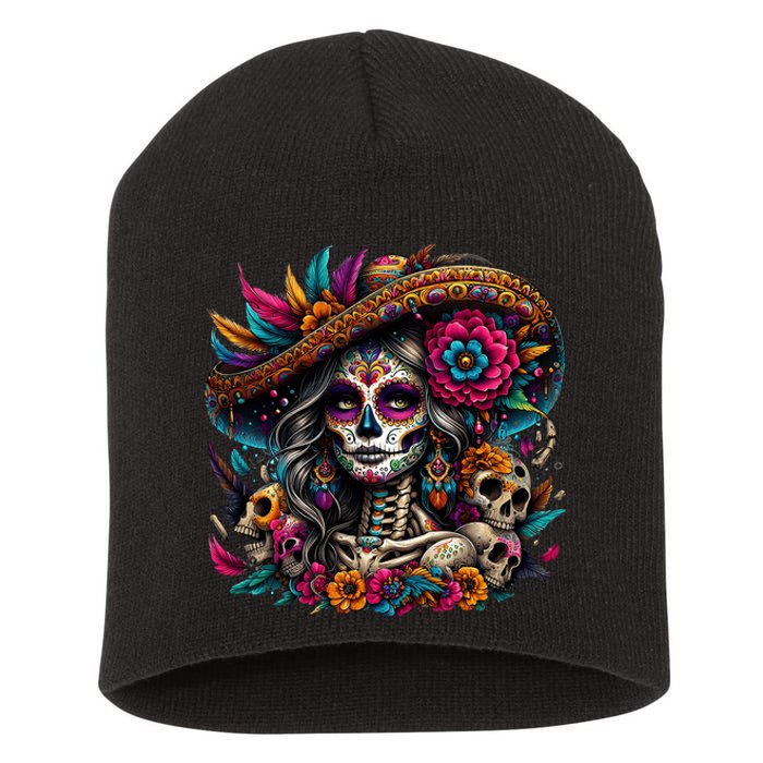 De Los Muertos La Catrina Day Of The Dead Sugar Skull Short Acrylic Beanie