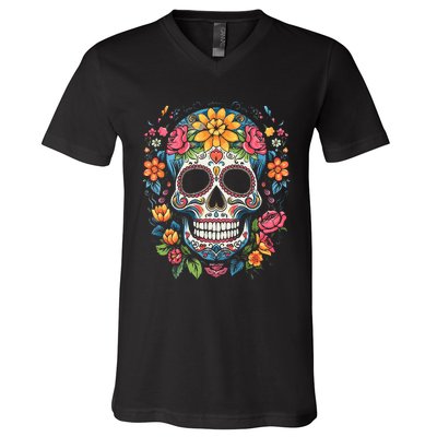 De Los Muertos Day of the Dead Sugar Skull Halloween V-Neck T-Shirt