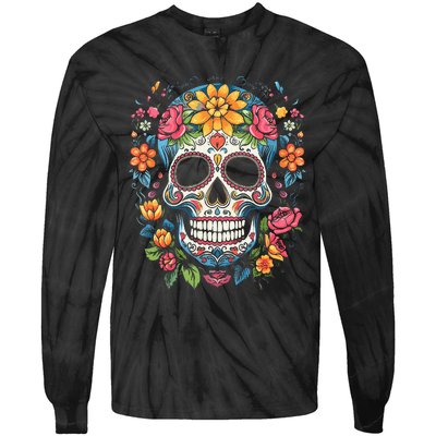 De Los Muertos Day of the Dead Sugar Skull Halloween Tie-Dye Long Sleeve Shirt