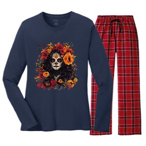 De Los Muertos La Catrina Day Of The Dead Sugar Skull Women Women's Long Sleeve Flannel Pajama Set 