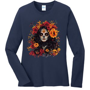 De Los Muertos La Catrina Day Of The Dead Sugar Skull Women Ladies Long Sleeve Shirt