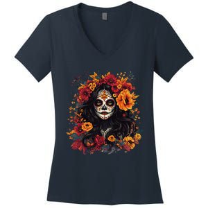 De Los Muertos La Catrina Day Of The Dead Sugar Skull Women Women's V-Neck T-Shirt