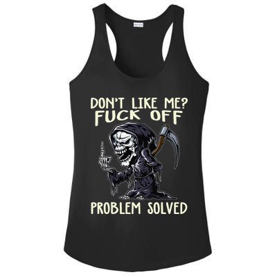 Don't Like Me Fuck Off Problem Solved Funny Grim Reaper Ladies PosiCharge Competitor Racerback Tank