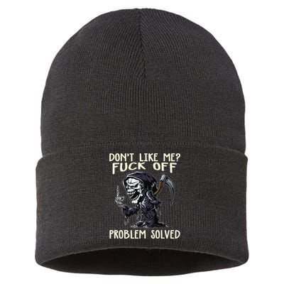 Don't Like Me Fuck Off Problem Solved Funny Grim Reaper Sustainable Knit Beanie