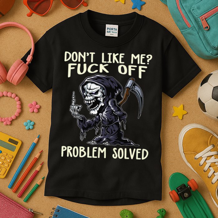 Don't Like Me Fuck Off Problem Solved Funny Grim Reaper Kids T-Shirt