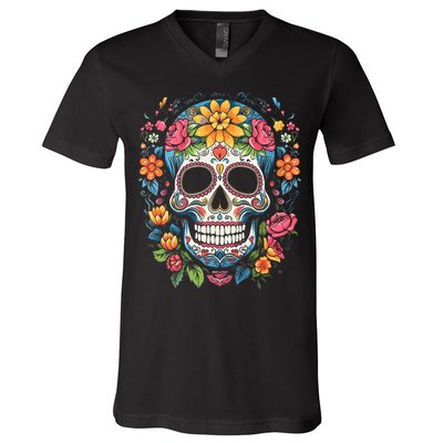 De Los Muertos Day Of The Dead Sugar Skull Halloween V-Neck T-Shirt