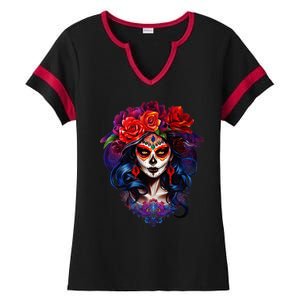 De Los Muertos La Catrina Day Of The Dead Sugar Skull Ladies Halftime Notch Neck Tee