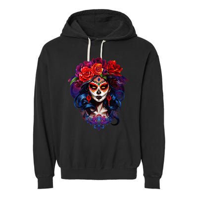 De Los Muertos La Catrina Day Of The Dead Sugar Skull Garment-Dyed Fleece Hoodie