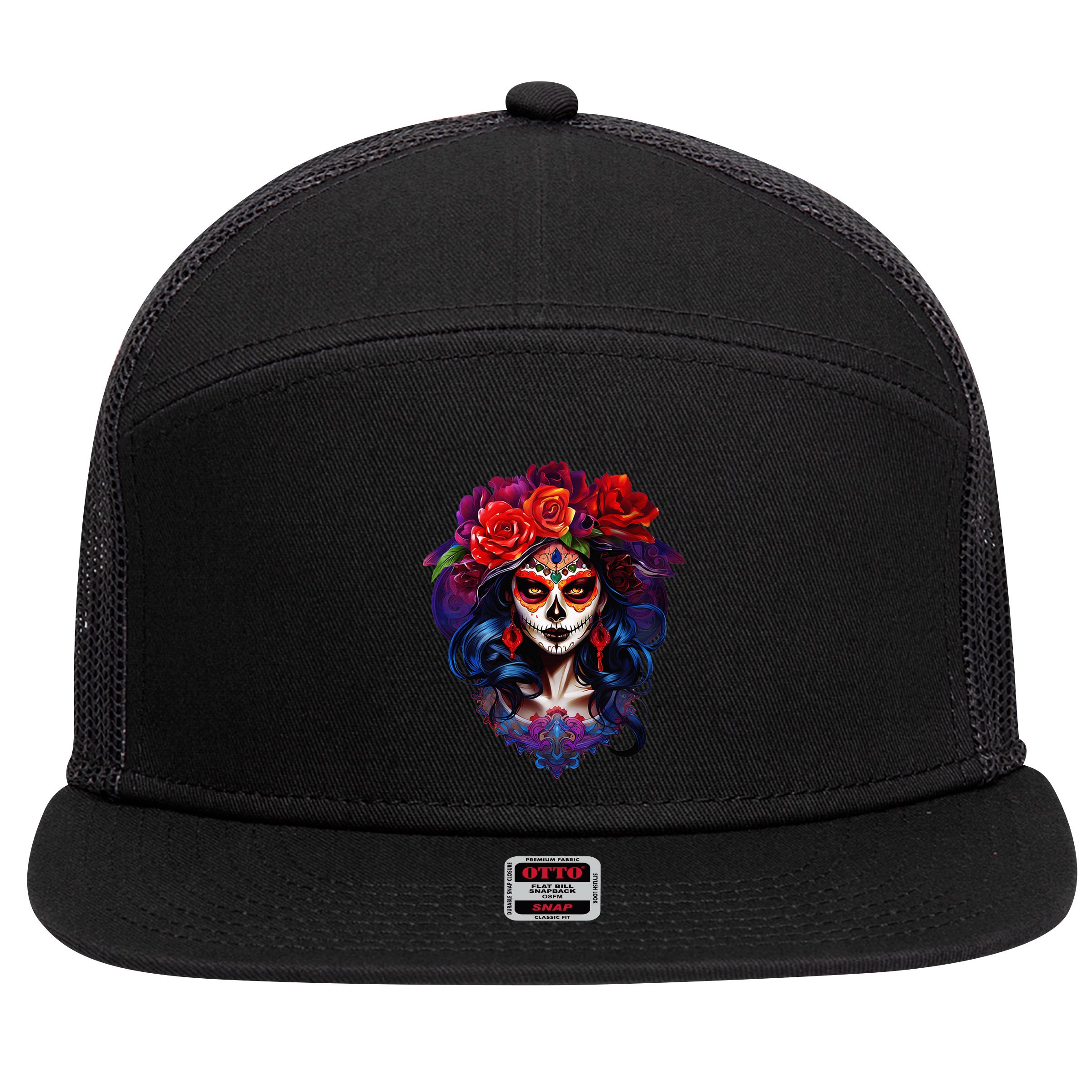 De Los Muertos La Catrina Day Of The Dead Sugar Skull 7 Panel Mesh Trucker Snapback Hat