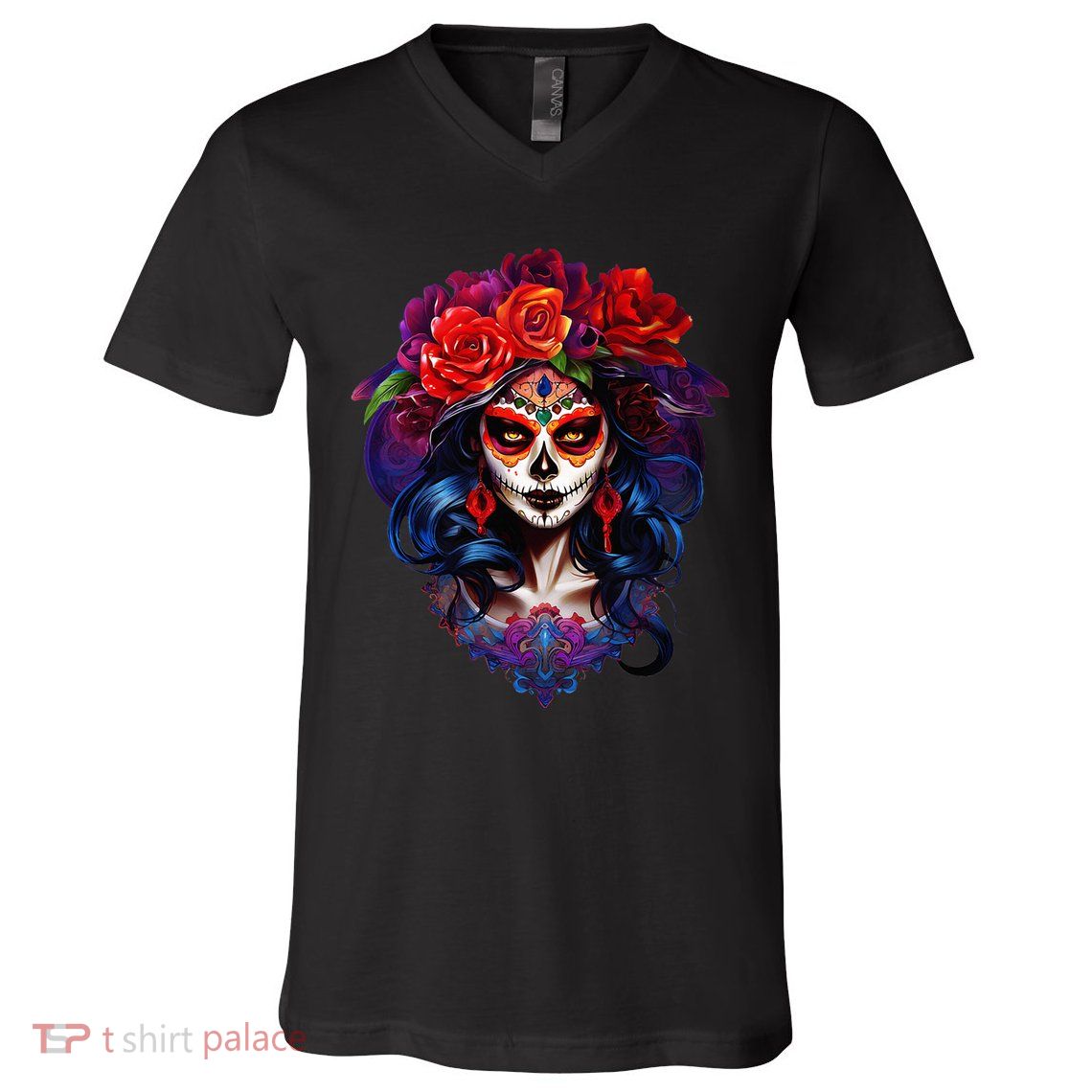 De Los Muertos La Catrina Day Of The Dead Sugar Skull V-Neck T-Shirt