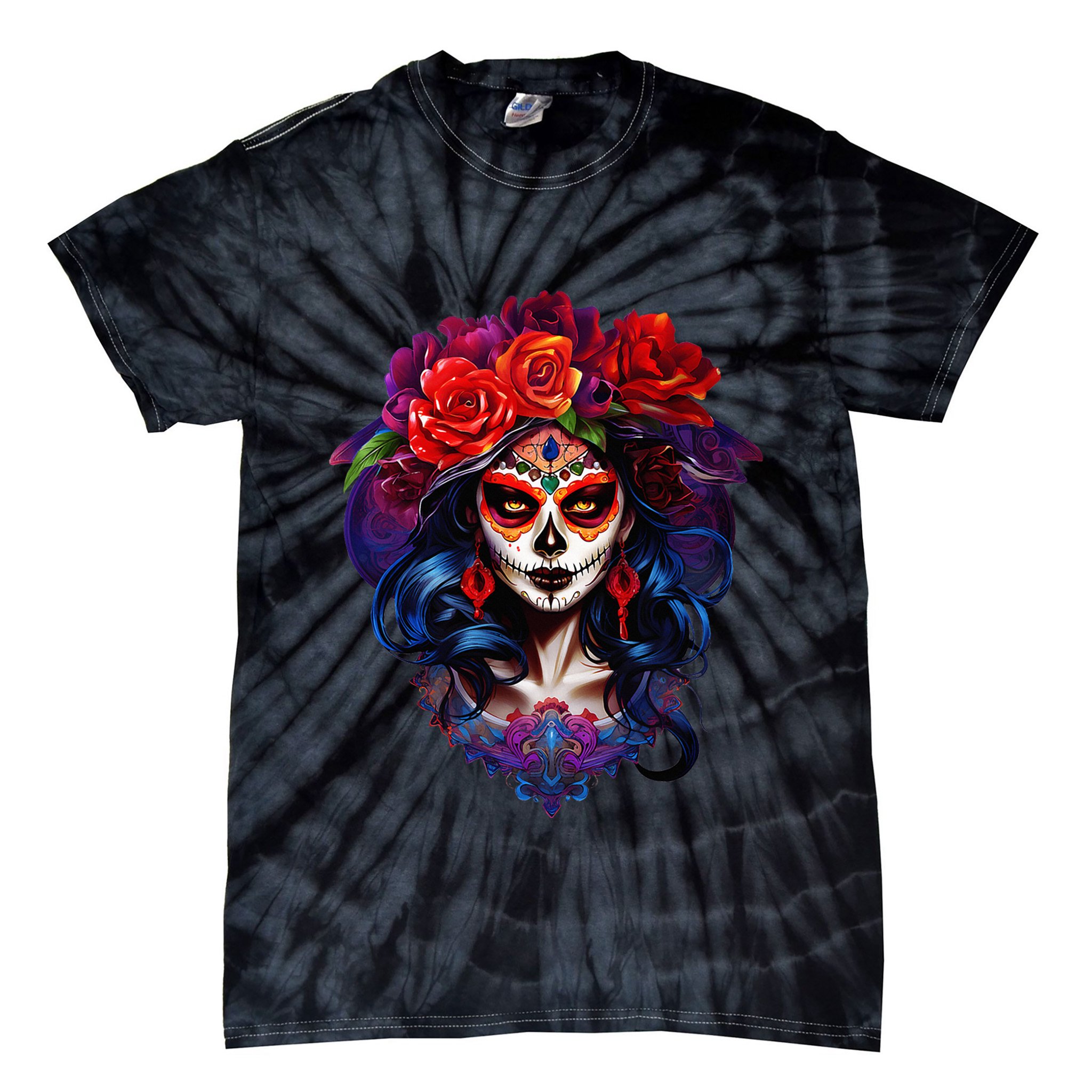 De Los Muertos La Catrina Day Of The Dead Sugar Skull Tie-Dye T-Shirt