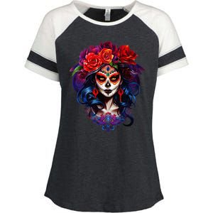 De Los Muertos La Catrina Day Of The Dead Sugar Skull Enza Ladies Jersey Colorblock Tee