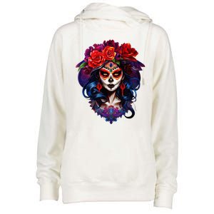 De Los Muertos La Catrina Day Of The Dead Sugar Skull Womens Funnel Neck Pullover Hood