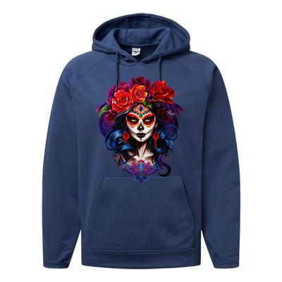 De Los Muertos La Catrina Day Of The Dead Sugar Skull Performance Fleece Hoodie