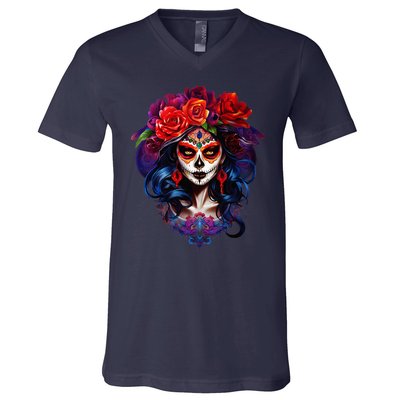 De Los Muertos La Catrina Day Of The Dead Sugar Skull V-Neck T-Shirt