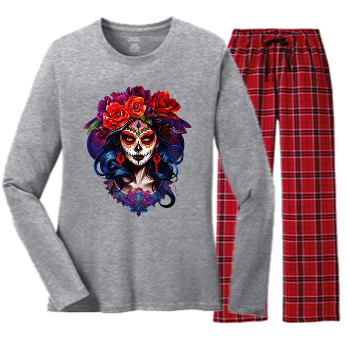 De Los Muertos La Catrina Day Of The Dead Sugar Skull Women's Long Sleeve Flannel Pajama Set 