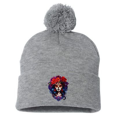 De Los Muertos La Catrina Day Of The Dead Sugar Skull Pom Pom 12in Knit Beanie